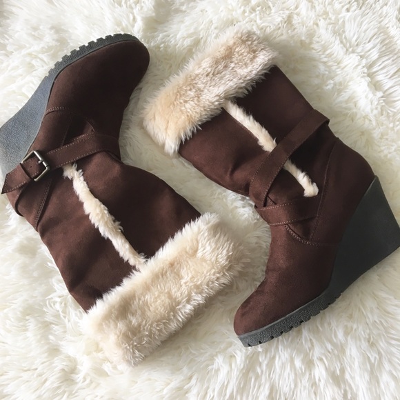 American Eagle Outfitters Shoes - AEO ✦ Vegan Suede + Fur Wedge Boot ✦ Chocolate